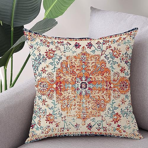 Gujiahone Outdoor Waterproof Pillow Covers 18X18 Inch Set of 2 - Bohemian Vintage Carpet Pattern Orange Blue Ethnic Design Decorative Farmhouse for Couch Garden Balcony