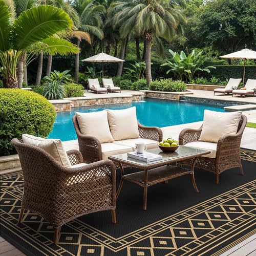 GENIMO Outdoor Rug Waterproof 8'x10' for Patio, Foldable Reversible Plastic Straw Carpet for Travel Trailers, Outside Area Mat for Rv, Deck, Picnic, Porch, Camper, Balcony, Beach, Black & Brown