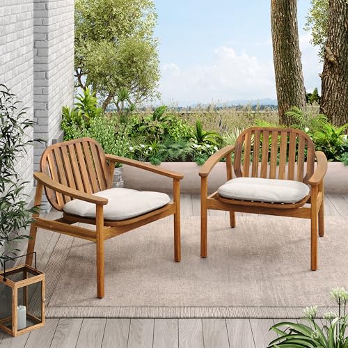 Christopher Knight Home Meja Acacia Wood Outdoor Club Chair Set of 2 with Cushion, Wooden Patio Accent Armchair, Comfy Lounge Chair Outdoor Set, Patio Furniture with Cushion, Teak+Beige