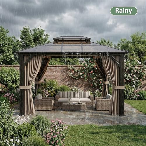 BETISEF 10'x12' Hardtop Gazebo, Outdoor Polycarbonate Roof Canopy, Aluminum Frame Permanent Pavilion with Curtains and Netting, Canopy for Garden, Patio, Lawns