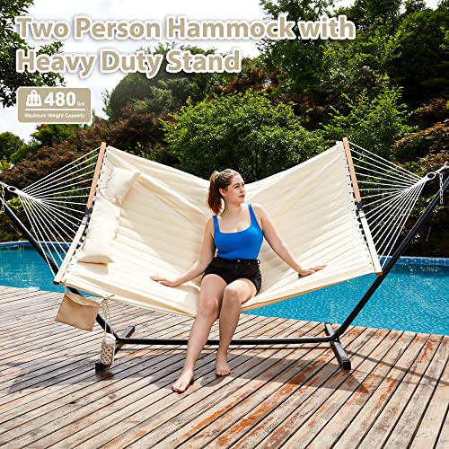 Homgava Two Person Hammock with Stand for Outside Heavy Duty, Outdoor Patio Hammock with Portable Steel Stand, Large Double Hammocks,480lbs Capacity.(Off White)