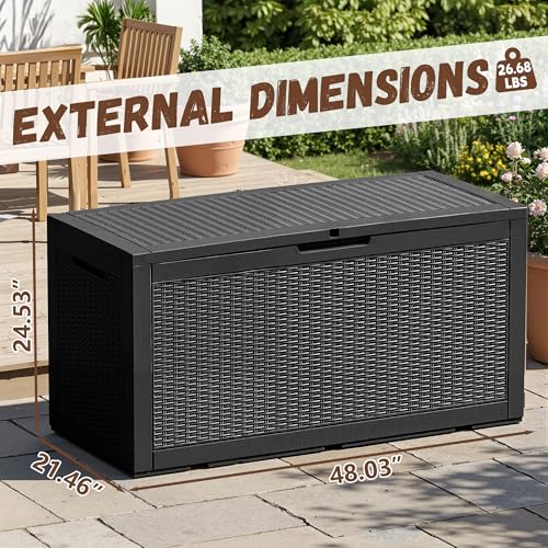 EFU Outdoor Storage Box 100 Gallon Deck Box Resin Outdoor Toy Storage With Lockable Lid, Hydraulic Struts, Rattan Style Package Delivery Boxes for Outside Patio Yard Garden (Black)