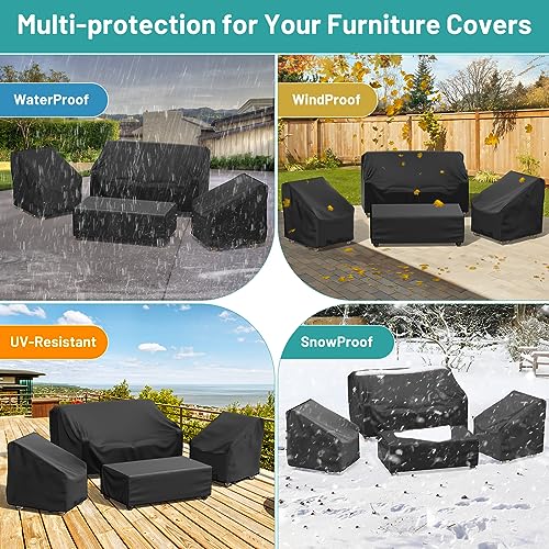 Mrrihand Patio Furniture Covers, 4 Piece Outdoor Furniture Cover Waterproof includ Ourdoor Sofa Cover, 2 Chair Covers, Coffee Table Cover with Windproof Buckle Strap and Adjustable Drawstring-Black