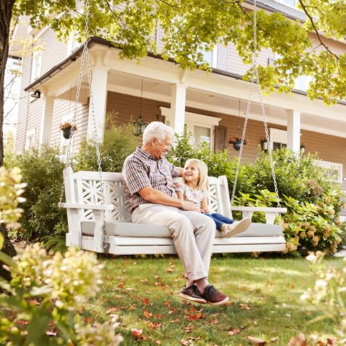 VINGLI 4.5 FT Outdoor Porch Swing with Cushions, Heavy Duty 880 LBS 2-Person Wooden Patio Swings with Eternal Flower Pattern and Fade-Resistant Seat Cushion for Yard, Garden, Tree (White)