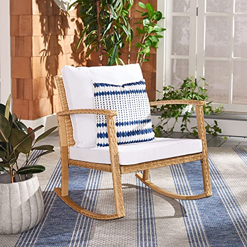SAFAVIEH Outdoor - Daire Rocking Chair - Natural & White - Steel Frame Faux & Rattan with Cushion - Open-Frame Design - Ideal for Patio, Deck, Porch, Backyard, 14.4" Seat Height (PAT7721D)