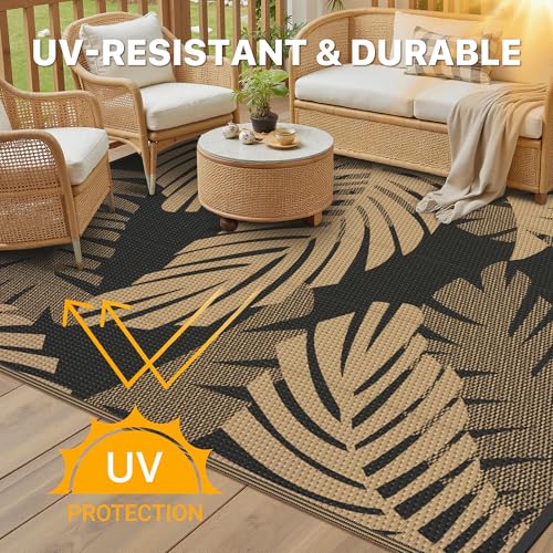 GENIMO Waterproof Outdoor Rug 9' x 12' for Patio Decor, Reversible Plastic Straw Area Rugs for Camping Clearance, RV Mat, Large Outside Carpet for Porch, Deck, Picni, Balcony, Garden, Black & Brown