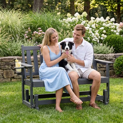 COSIEST 2 Person Outdoor Glider Bench, HDPE All-Weather Patio Glider with Cup Holder, Swing Chair for Garden, Backyard, Porch, and Deck,660LBS Capacity, Grey