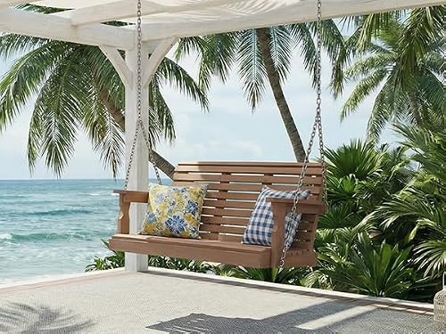Psilvam HDPE Porch Swing, 2 Seat Hanging Porch Swing Outdoor, 660LBS Weight Capacity Patio Swing, Waterproof and Rot-Resistant, Swing Bench for Outside, Garden, Porche and Parks (Teak)