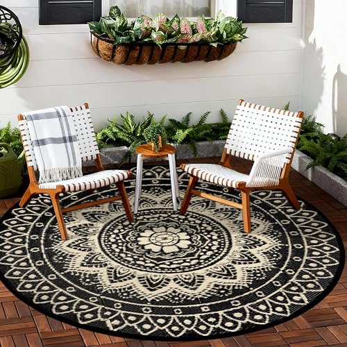Round Outdoor Rugs for Patios, 6Ft Waterproof Reversible Plastic Straw Mat with Carry Bags, Boho Lightweight Outdoor Carpet Portable Round Floor Mat for Patio Camping Picnic Backyard RV,Black Camel