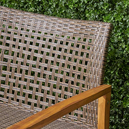 Great Deal Furniture Marcia Outdoor Wood and Wicker Loveseat, Natural Finish with Mix Mocha Wicker,Mix Mocha, Natural Stained Finish,307798