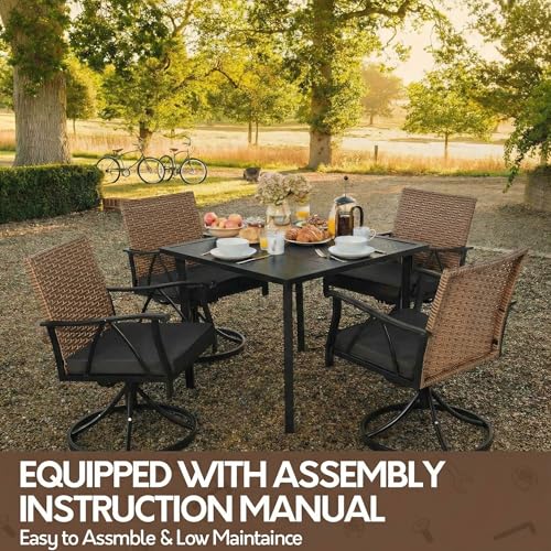 Andehomy 5-Piece Patio Dining Set for 4，Outdoor Dining Set with Wicker Swivel Patio Dining Chairs with Cushions & 1 Black Square Woodgrain Dining Table with 1.75”Market Umbrella Hole, Black & Brown