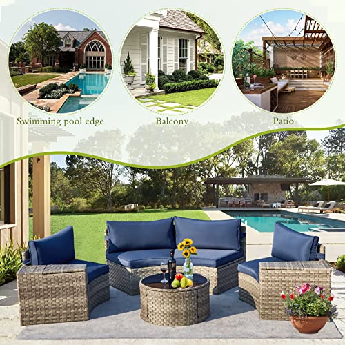 ECOTOUGE 7 Piece Outdoor Half Moon Furniture, Wicker Patio Sectional Conversation Set with 2 Storage Armrests and Circle Glass Table, Gray Rattan Curved Sofa for Garden, Balcony and Back Yard (Blue)