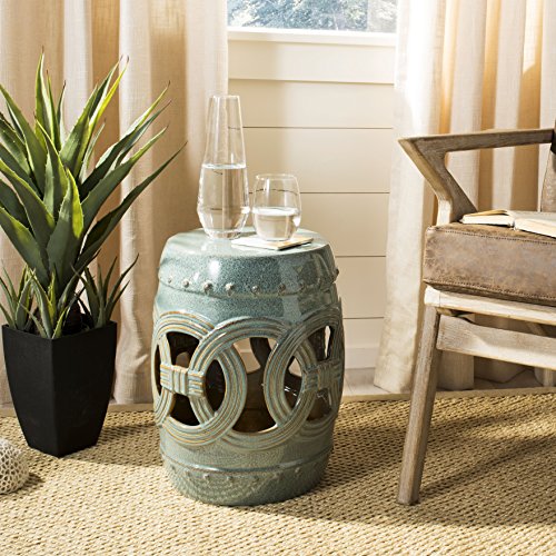 SAFAVIEH Furniture - Double Coin Decorative Garden Stool - Antique Blue - Ceramic - Artisan Chinoiserie Design - Ideal for Living Room, Patio, Garden - Fully Assembled (ACS4500A)