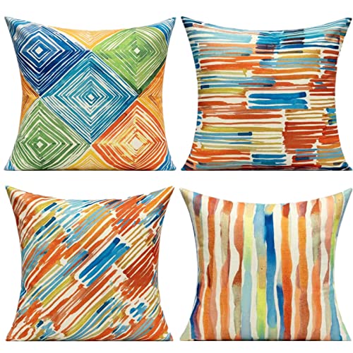 WOKANI Outdoor Throw Pillow Covers 18x18 Set of 4，Summer Orange Rust Abstract Mid Century Modern Decorative Pillow Cases for Patio Couch Sofa Porch, Multicolor