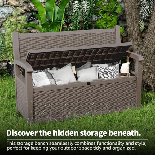 EasyUp 80 Gallon Outdoor Storage Bench Lockable Deck Box Outdoor Storage Box Waterproof for Patio,Garden,and Porch – Perfect for Storing Garden Tools and Cushions(Gray)