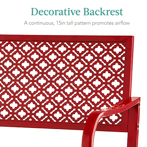 Best Choice Products Outdoor Bench 2-Person Metal Steel Benches Furniture for Garden, Patio, Porch, Entryway w/Geometric Backrest, 790lb Capacity - Rose Red