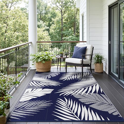 sarben Outdoor Rug 5’x8’ Waterproof for Patio Clearance, Reversible Indoor Outdoor Plastic Straw Camping Rug Carpet, RV Mat, Large Area Rug for Deck, Backyard, Balcony, Porch, Beach, Blue & White