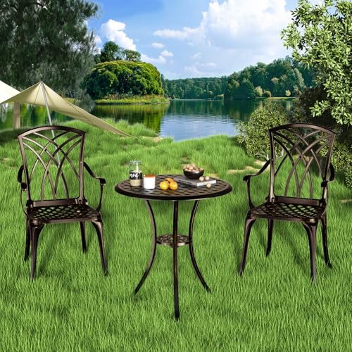 Z1UVDFUR Patio Bistro Set 3 Piece, Cast Aluminum Bistro Set for 2 w/Umbrella Hole, Outdoor Table and Chairs Set of 2, Bistro Set for Balcony/Backyard/Garden, Bronze