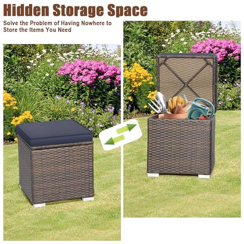 RELAX4LIFE Wicker Outdoor Storage Ottoman, 2-Piece Rattan Footstool w/Removable Cushion, Multipurpose Footrest Stool Side Table Additional Seating, Set of 2 Outdoor Ottomans for Patio Deck (Navy)