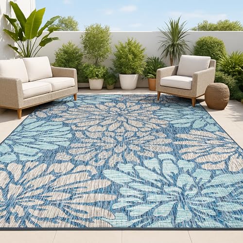 JONATHAN Y Floral Textured Weave Indoor Outdoor Area Rug 8X10 Navy/Aqua, Zinnia Modern for Backyard, Patio, Porch, Easy-Cleaning, High Traffic, Pet-Friendly, Non-Shedding (SMB110C-8)