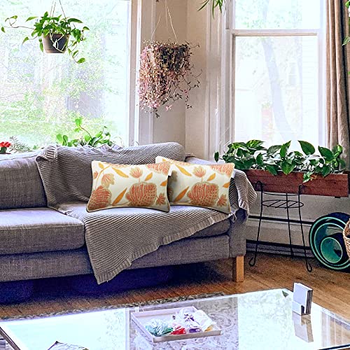 JMGBird Water-Resistant Outdoor Pillows Set of 2, 12x20 inch Durable Beige with Orange Leaf Pattern Throw Pillows with Inserts for Patio Furniture