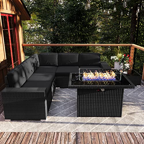 Vakollia 7 Pieces Patio Furniture Set with 44" Propane Gas Fire Pit Table, Outdoor Sectional Wicker Conversation Sofa Sets with Coffee Table
