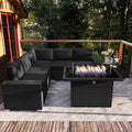 Vakollia 7 Pieces Patio Furniture Set with 44" Propane Gas Fire Pit Table, Outdoor Sectional Wicker Conversation Sofa Sets with Coffee Table