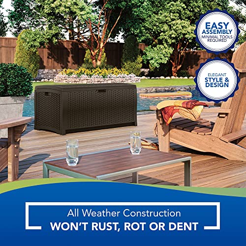 Suncast Outdoor Storage Box - 73 Gallon Mocha Brown Deck Box for Patio, weather-resistant Outdoor Storage Bench, Resin Wicker Style, Heavy-Duty, Lockable Lid for Cushions, Shoes, Pool & Garden Gear