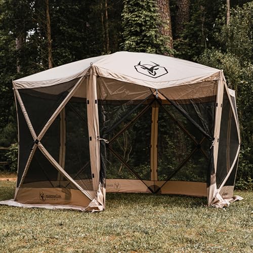 Gazelle Tents™, G6 6-Sided Portable Gazebo, Easy Pop-Up Hub Screen Tent, Durable, TriTech Mesh, Waterproof, UV Resistant, 8-Person & Table, Desert Sand, 86" x 124" x 124", GG602DS