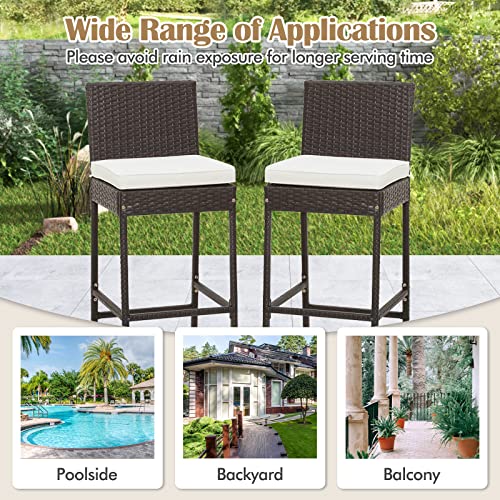COSTWAY Outdoor Wicker Bar Stools Set of 4, 30'' Patio Bar Height Chairs with Cushion, Footrest and Backrest, Rattan Barstools for Backyard Poolside Deck (Brown)