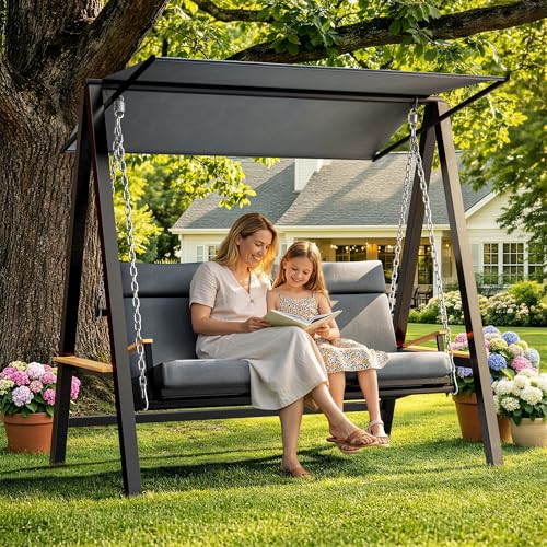 Pamapic 3-4 Seat Porch Swing with Stand, 990lbs Heavy Duty Outdoor Swings for Adults with 4“ Thick Cushions, Breathable Textilene Mesh Base, Adaptive Pillow, Adjustable Canopy, Side Trays for Backyard