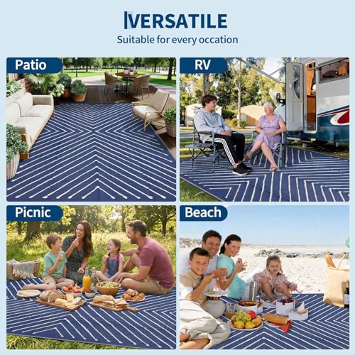 Garvee Striped 5x8 Outdoor Rug Waterproof Reversible Patio Mat, Portable Lightweight Plastic Straw Camping Rug for RV, Balcony, Backyard, Porch, Beach, Picnic, UV Protected & Easy Clean, Navy & White