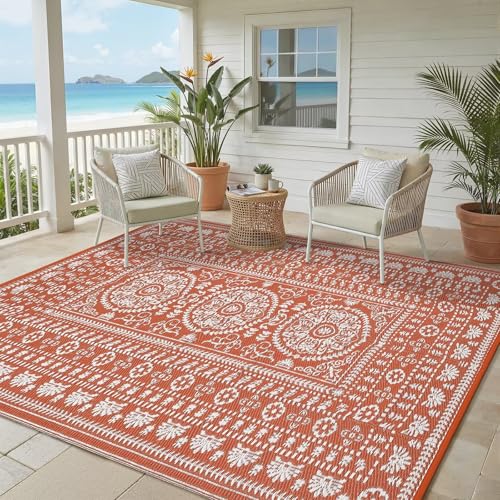 Garvee Reversible Outdoor Rug 5x8 for Patio, Waterproof Outdoor Area Rug, Boho Medallion Indoor Outdoor Carpet for Porch, Plastic Straw Rug for RV, Camping, Deck, Vintage Terracotta