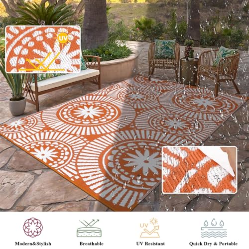 Ileading Outdoor Plastic Straw Rug 6x9ft Modern Geometric Style Reversible Patio Area Rugs Waterproof Non Shedding Portable Carpets for Rv Outside Deck Pool Beach Picnic Camping (Orange)