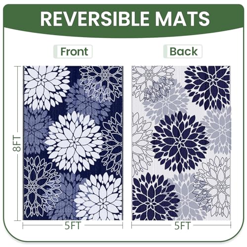 LuxStep Outdoor Rug Waterproof Outdoor Plastic Straw Rug Reversible Patio Rug Mat Outdoor Decor Large Area Mats for RV, Picnic, Backyard, Deck, Balcony, Porch, Beach, Camping, 5' x 8' Blue