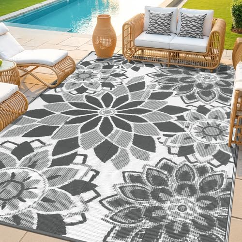 LOKHOM Outdoor Rug for Patio 6x9 ft Reversible Plastic Straw Patio Camping Rug, Floral Waterproof RV Mat for Camper Indoor Outdoor Carpet for Deck Porch Picnic Beach Balcony Backyard, Grey & White
