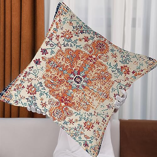 Gujiahone Outdoor Waterproof Pillow Covers 18X18 Inch Set of 2 - Bohemian Vintage Carpet Pattern Orange Blue Ethnic Design Decorative Farmhouse for Couch Garden Balcony