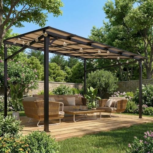 10x12ft Lean to Gazebo with Polycarbonate Hardtop Roof - Hardtop Wall Pergola, Aluminum Frame Wall Mounted Gazebo for Patio, Deck, Yard, Garden & Party Shade