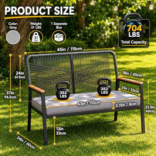 LIFERUN Outdoor Rattan Loveseat Bench, 43" Patio Bench for 2 with 3.15" Cushion,704LBS, Wicker Patio Furniture Seating, Curved Backrest, WPC Armrests, 500 lb Capacity for Porch Balcony Deck, Grey