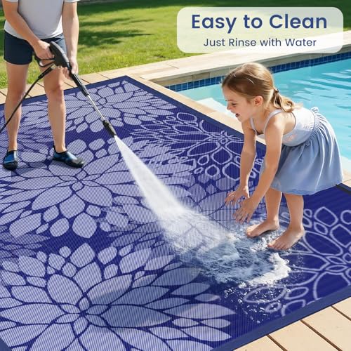 Mattitude Outdoor Rug 8' x 10' Waterproof, Reversible Portable Plastic Straw Area Rugs, Patio Carpet for RV Camping, Porch, Deck, Backyard, Camper, Pool, Picnic, Blue & White