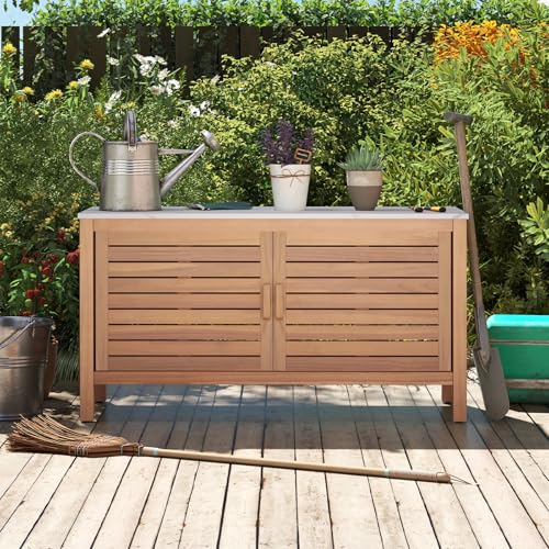Goplus Patio Storage Cabinet, 2-Door Acacia Wood Console Table with Faux Marble Top, Outdoor Wooden Sideboard for Deck, Garden, Backyard & Entryway