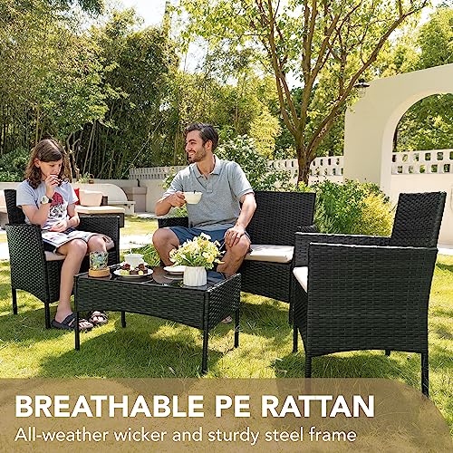 Devoko 4 Pieces Patio Porch Furniture Sets PE Rattan Wicker Chairs Beige Cushion with Table Outdoor Garden Patio Furniture Sets (Black)
