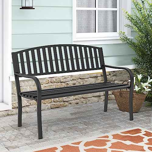 Maemttes Outdoor Bench Garden Bench, Weatherproof Anti-Rust Heavy-Duty Outside Benches Clearance, Wrought Iron Metal Bench for Front Porch, Patio, Park