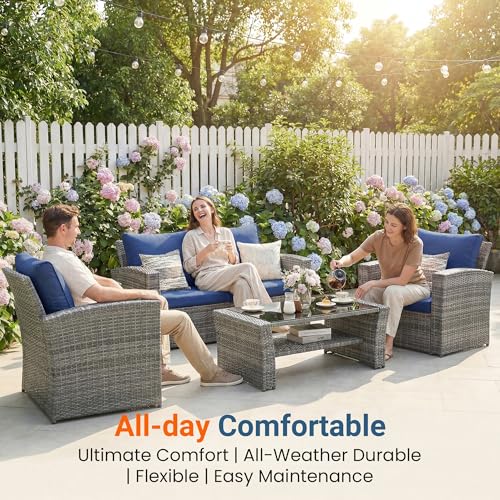 Wisteria Lane Patio Furniture Set, Wicker Outside Outdoor Furniture for All Weather, Patio Sofa with High Backrest Support and Wide Armrest for Backyard, Balcony, Deck, Porch, Dark Blue