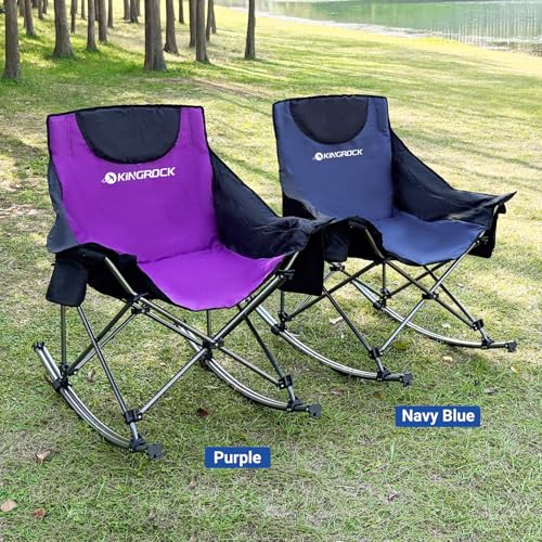 KINGROCK Oversized Rocking Camping Chair with Headrest and Carry Bag, 260LBS Capacity Folding Portable Camp Chairs for Adults, Recliner for Outdoor, Beach, Fishing, Travel, Sports Games,Navy Blue