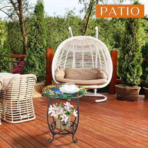 Cinnvoice Outdoor Side Table Round Small Mosaic Patio Accent Indoor End Plant Coffee Tea Table for Yard Patio Porch Garden Living Room, Bedroom(Butterfly Style,14 Inch)