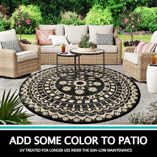 Capslpad 6Ft Round Outdoor Rug for Patio Reversible Mat Waterproof Plastic Straw Rug Boho Circle Indoor Outside Area Rug for RV Camping Picnic Pool Tent Balcony Beach Deck Doormats Decor, Beige