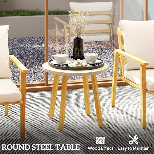 Outsunny Outdoor Bistro Set, 3 Piece Patio Set, Wood Effect Steel Round Table and Chairs with Wide and Deep Seat, Small Conversation Patio Furniture with Cushions for Backyard, Porch, Cream White