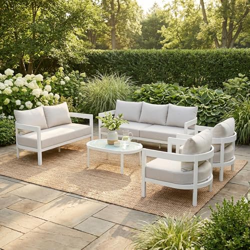 Christopher Knight Home Lula 7-Seater Patio Furniture Set with Coffee Table, 5 Piece Outdoor Conversation Set with Cushion, Aluminum Outdoor Sectional Sofa Set, White+Beige