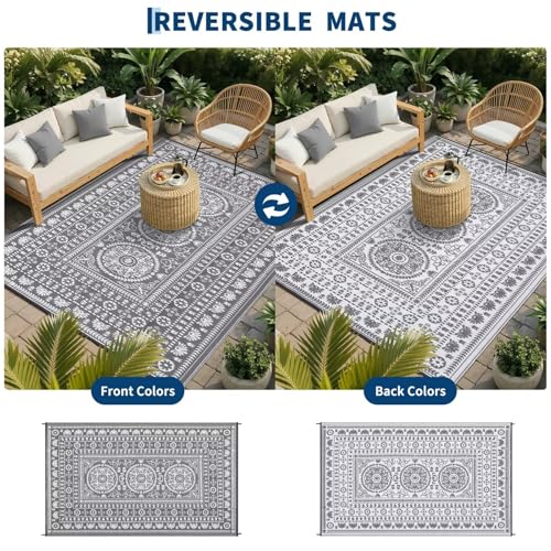 Garvee Reversible Outdoor Rug 5x8 for Patio, Waterproof Outdoor Area Rug, Boho Medallion Indoor Outdoor Carpet for Porch, Plastic Straw Rug for RV, Camping, Deck, Vintage Grey